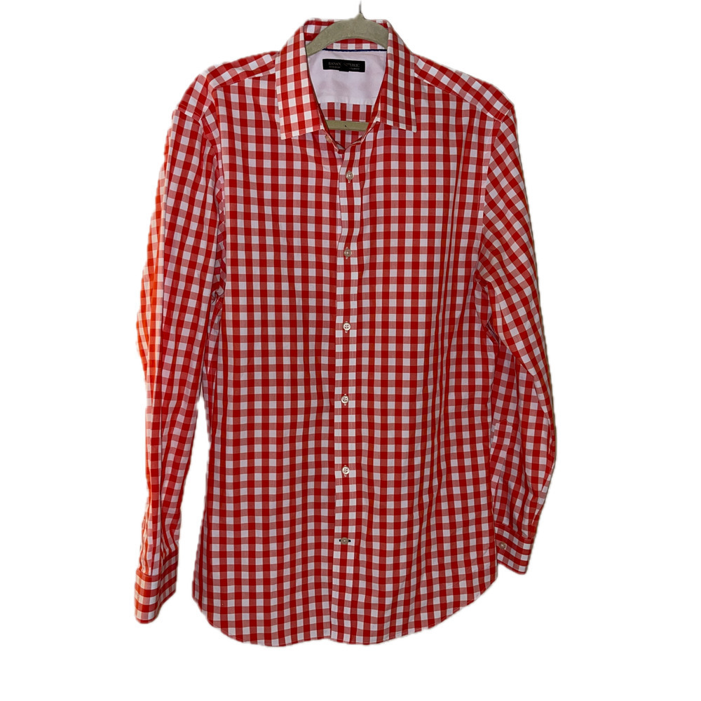 Banana Republic Tailored Slim-Fit Non-Iron Gingham Shirt Size L Bright Mandarin